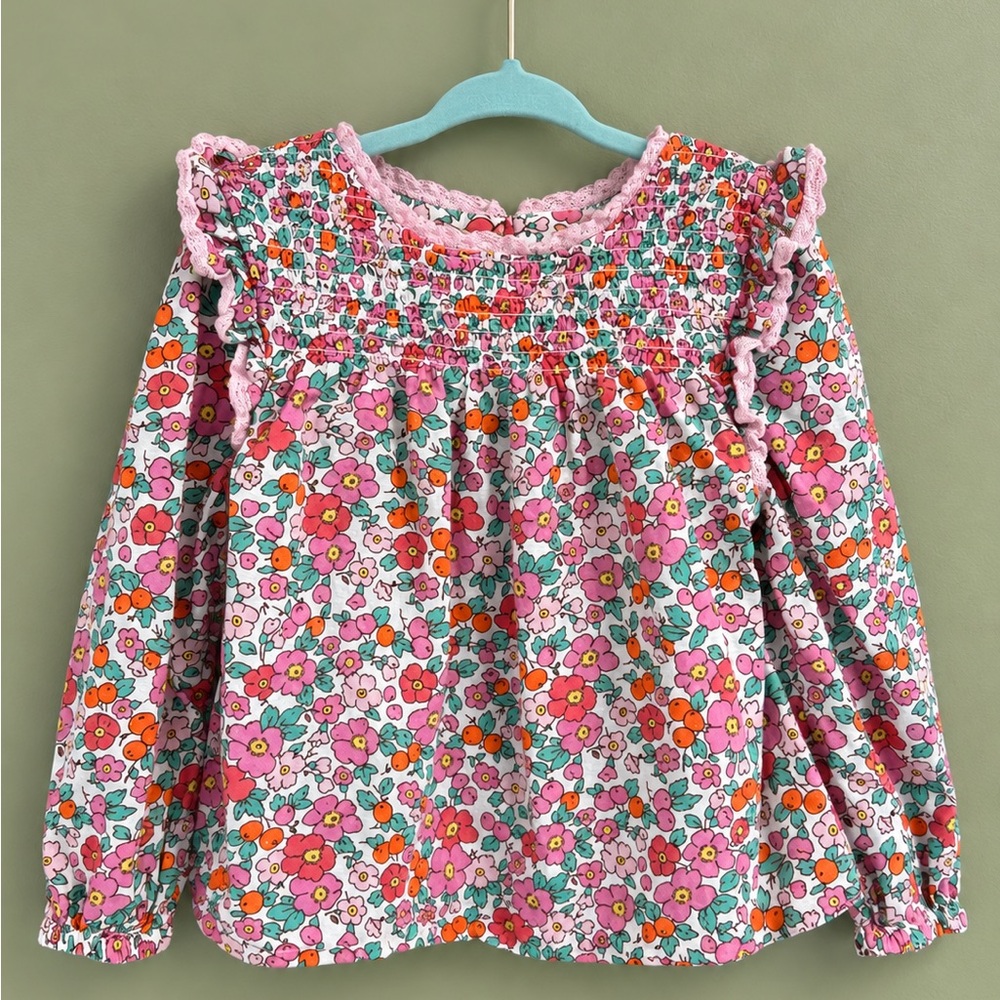 Boden Pink Floral Smocked Long Sleeve Top